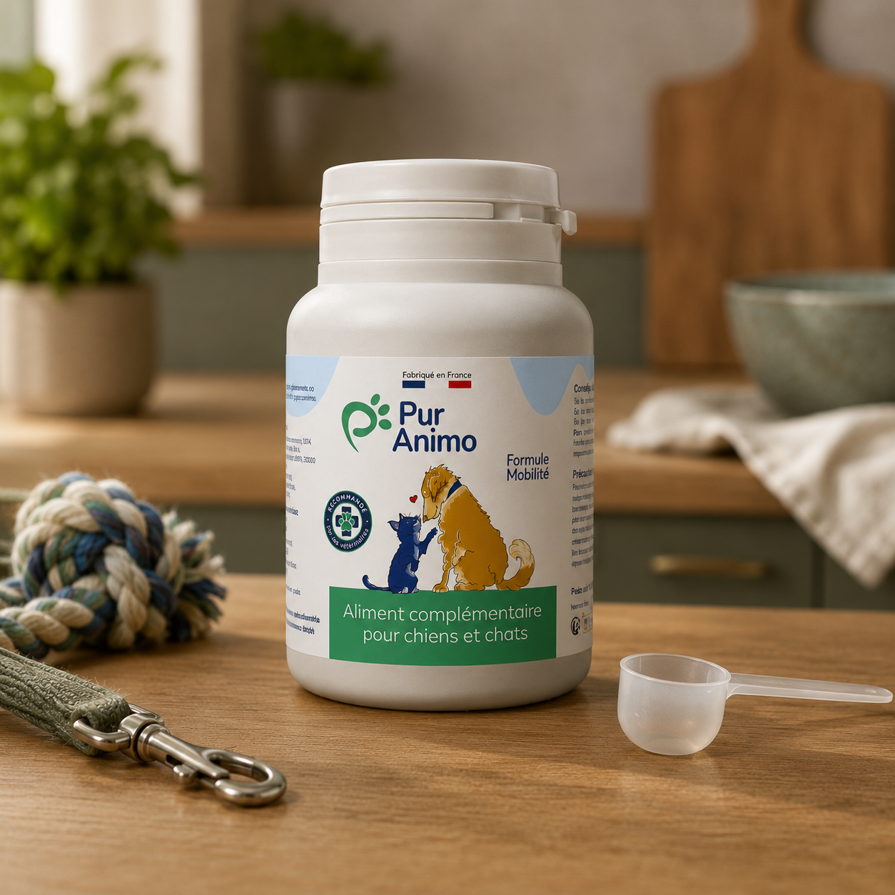Pur Animo Formule Mobilité — pot 50 g en situation cuisine, complément articulations chien et chat