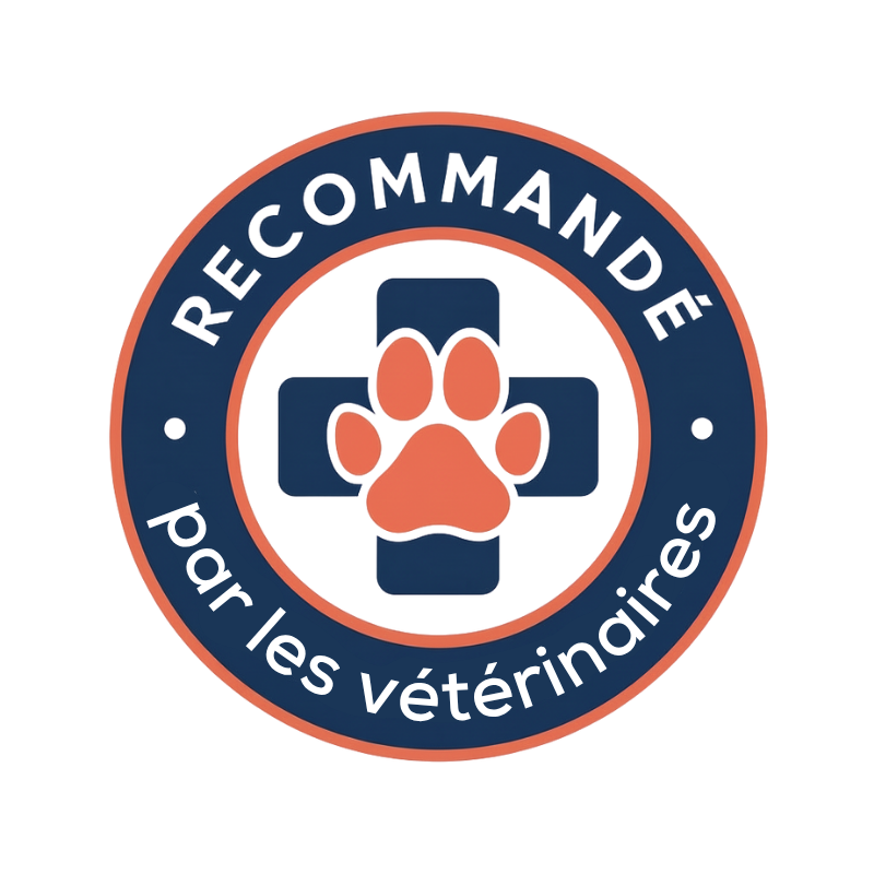 Badge Pur Animo « Recommandé par les vétérinaires » — croix vétérinaire et empreinte de patte