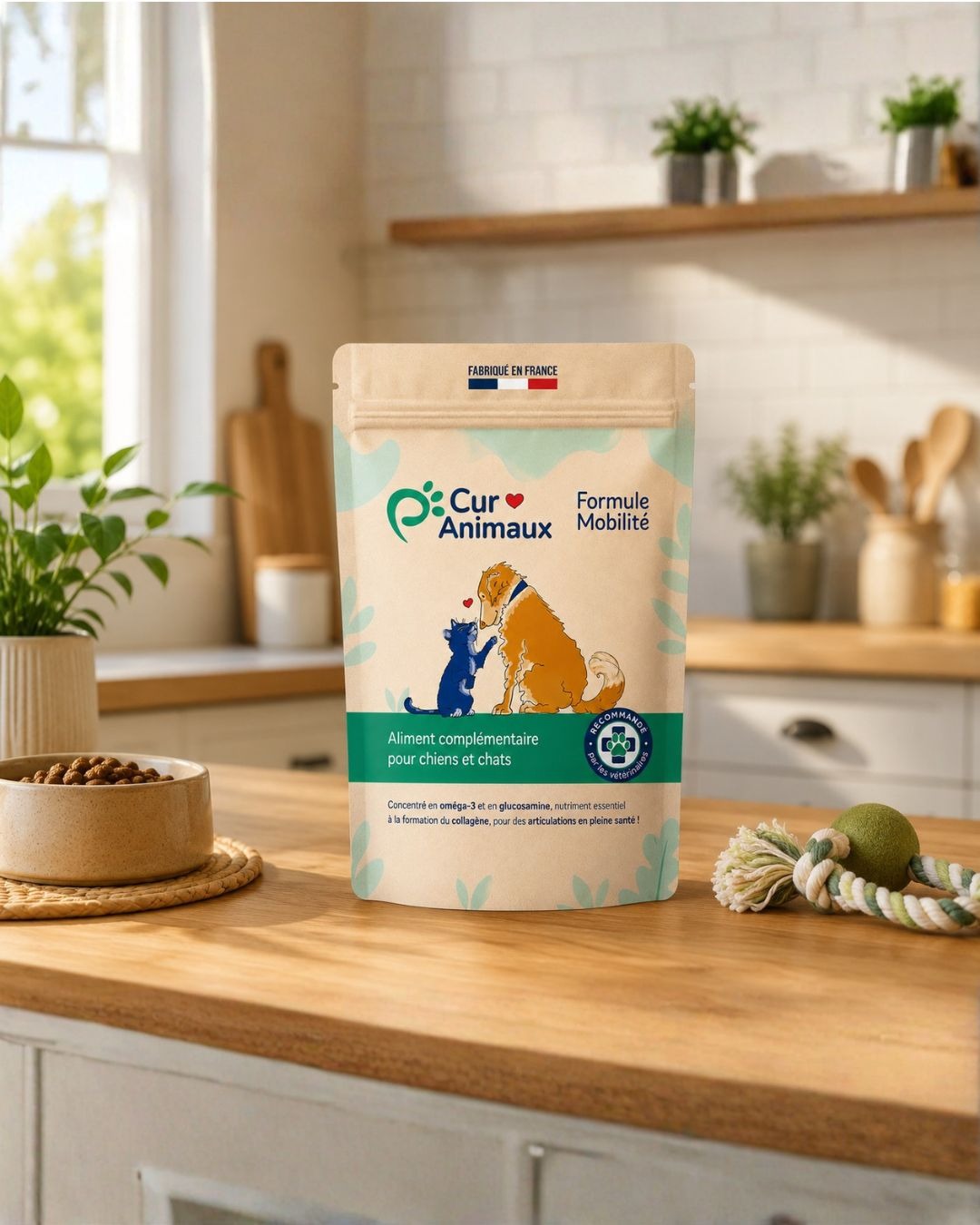 Curanimaux Formule Mobilité — sachet 165 g en situation cuisine, complément articulations chien et chat
