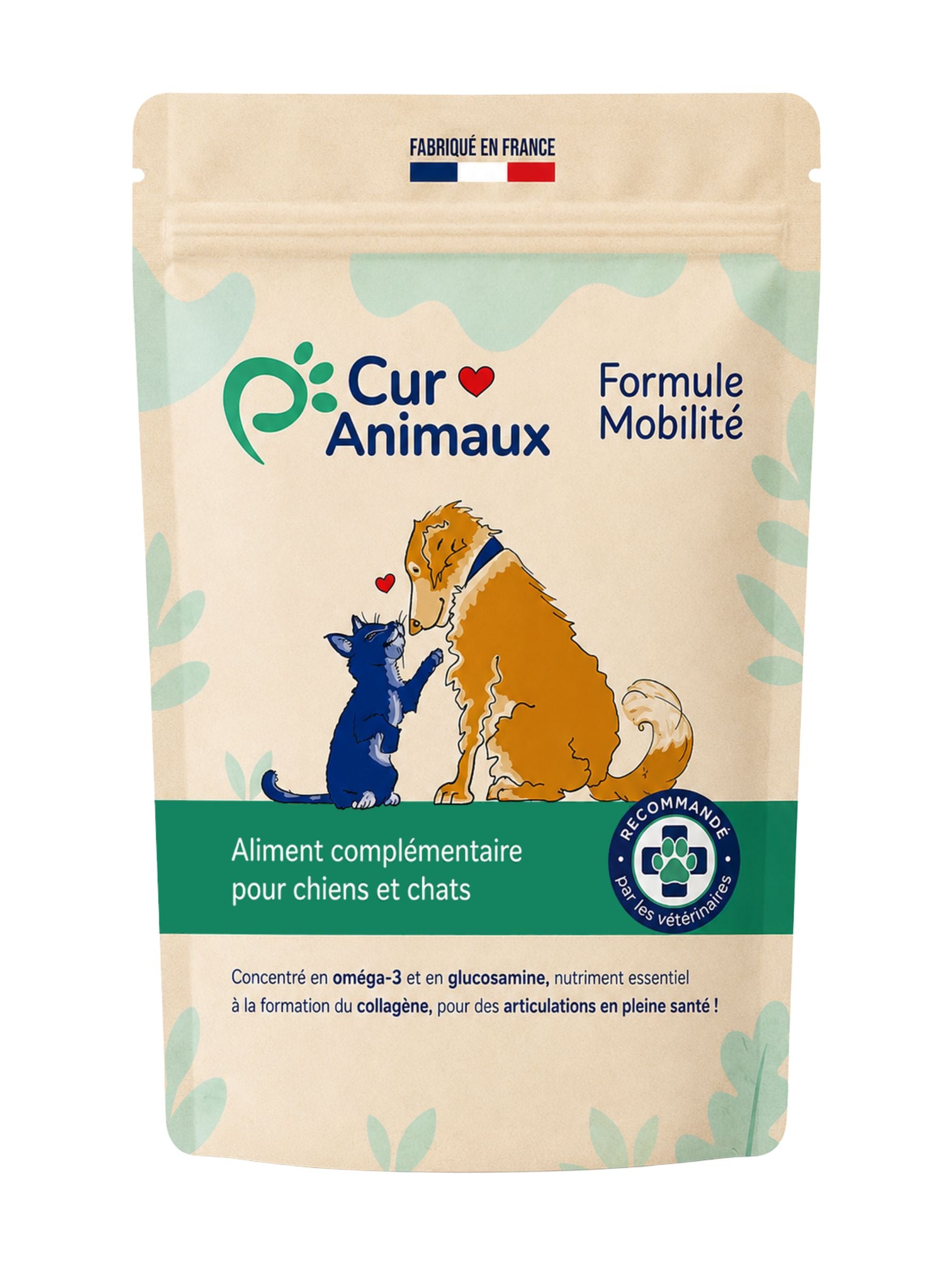 Curanimaux Formule Mobilité — complément articulations (oméga-3, glucosamine) chien et chat, 165 g, recto