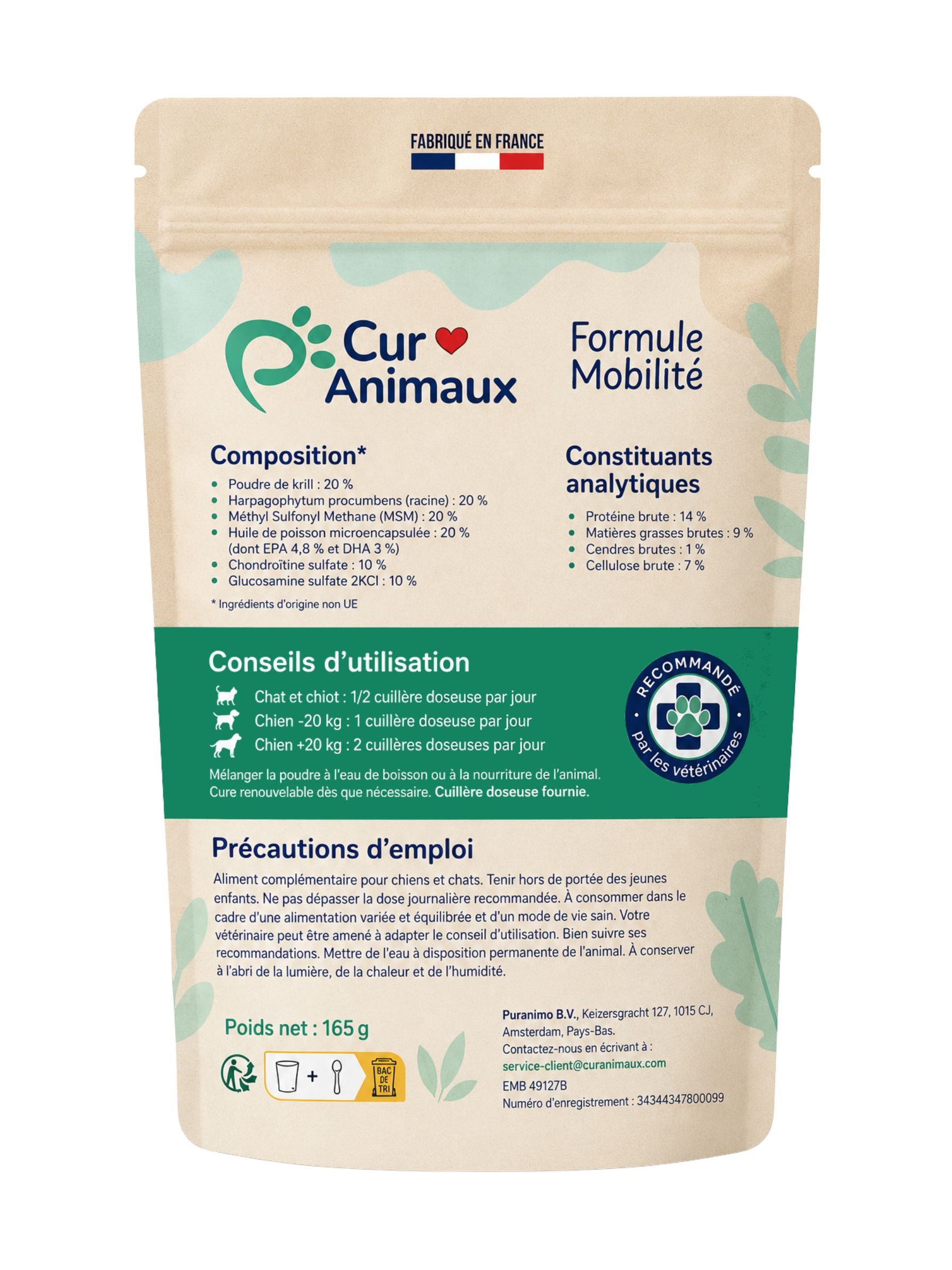Curanimaux Formule Mobilité — composition, conseils et précautions, 165 g, verso