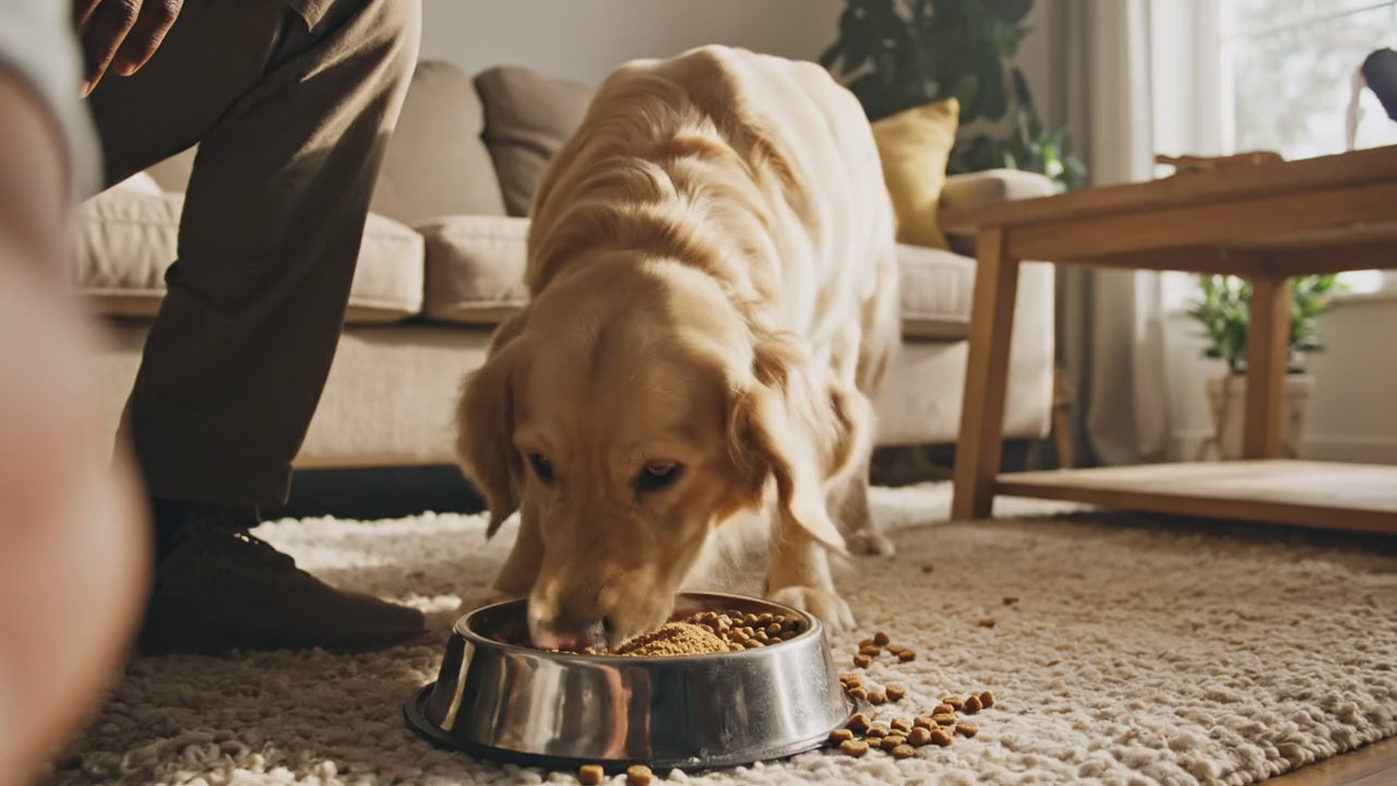 Chien qui mange ses croquettes avec le complément