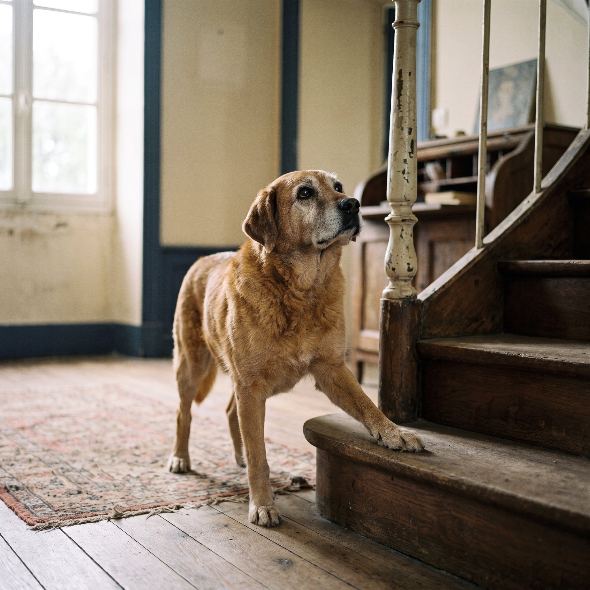 Chien senior hésitant au pied de l'escalier, une patte sur la première marche — perte de mobilité articulaire