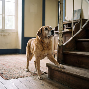 Chien senior devant un escalier