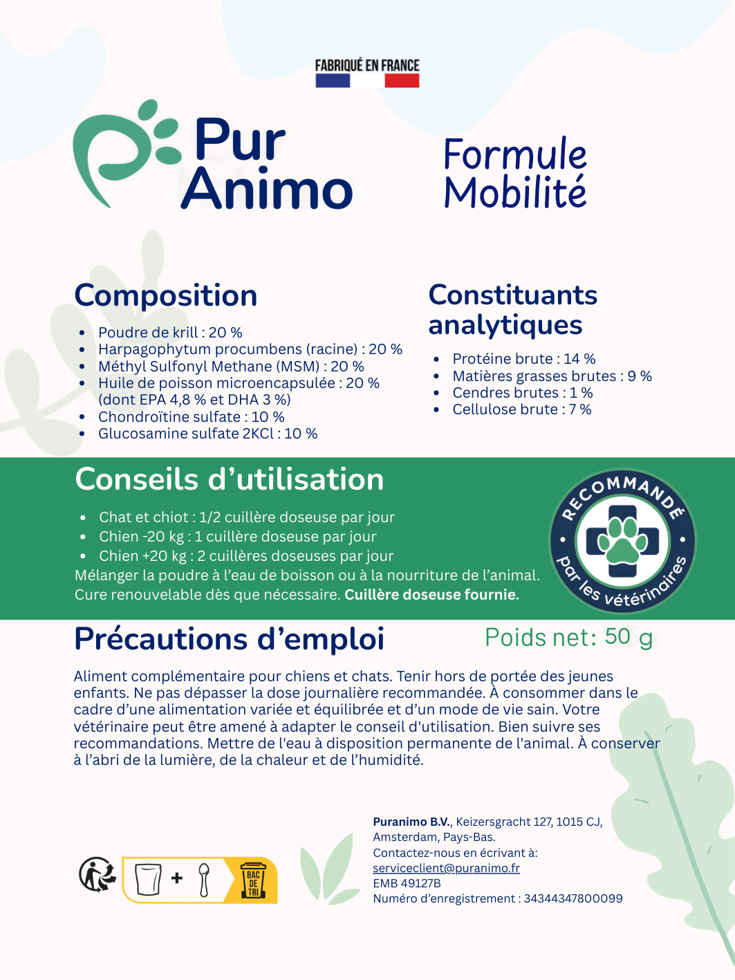 Étiquette Pur Animo Formule Mobilité 50 g — composition (krill, harpagophytum, MSM, huile de poisson, chondroïtine, glucosamine), conseils d'utilisation et précautions d'emploi