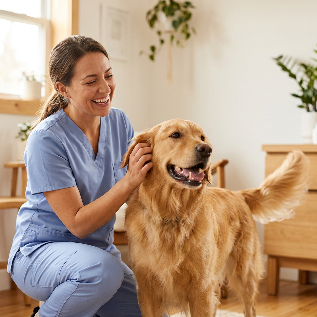 Vétérinaire souriante auprès d'un golden retriever — complément articulaire Pur Animo recommandé par les vétérinaires