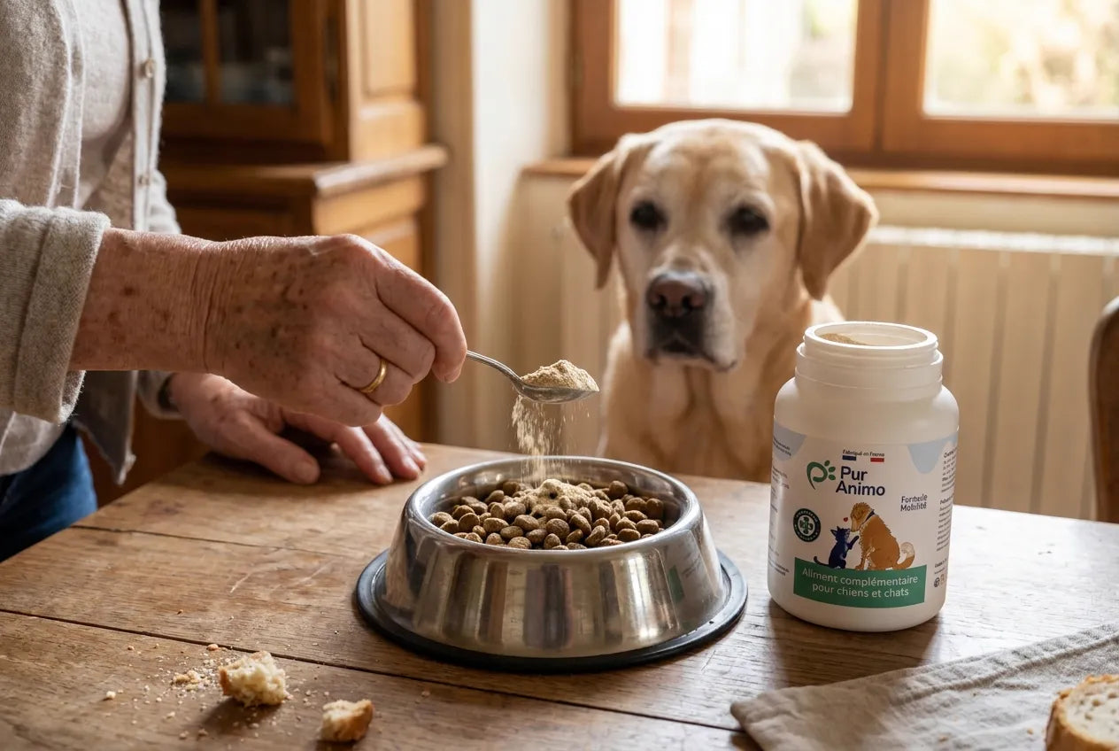 Une cuillère de Formule Mobilité versée sur les croquettes, Nala attend à côté du pot