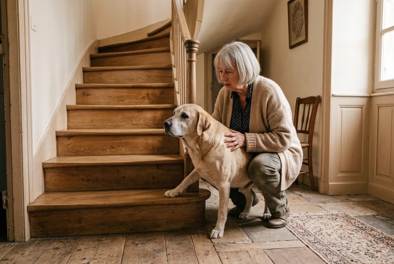 Françoise accroupie au pied de l’escalier, la main sur le dos de Nala qui hésite à monter