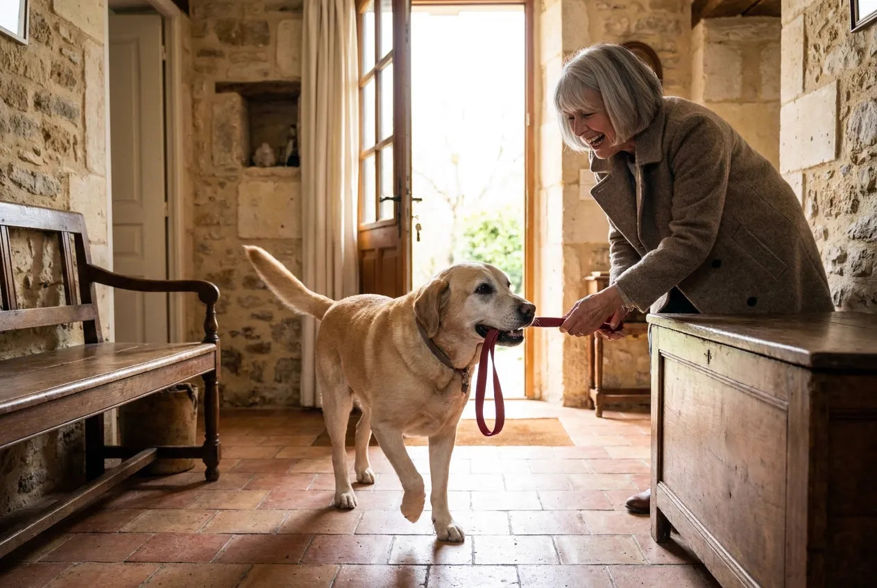 Nala apporte sa laisse à Françoise dans l’entrée, la queue levée