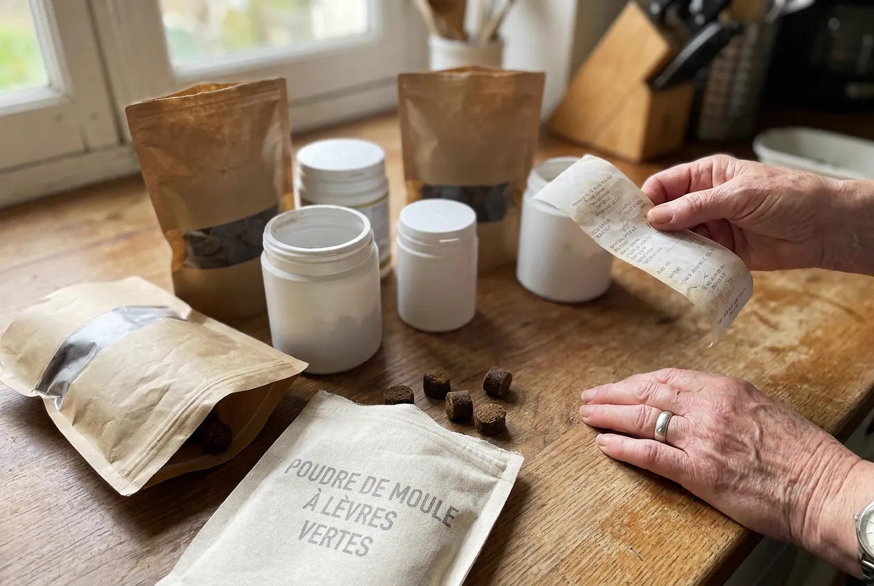 Sachets et pots de compléments articulaires entamés sur le plan de travail, avec un ticket de caisse