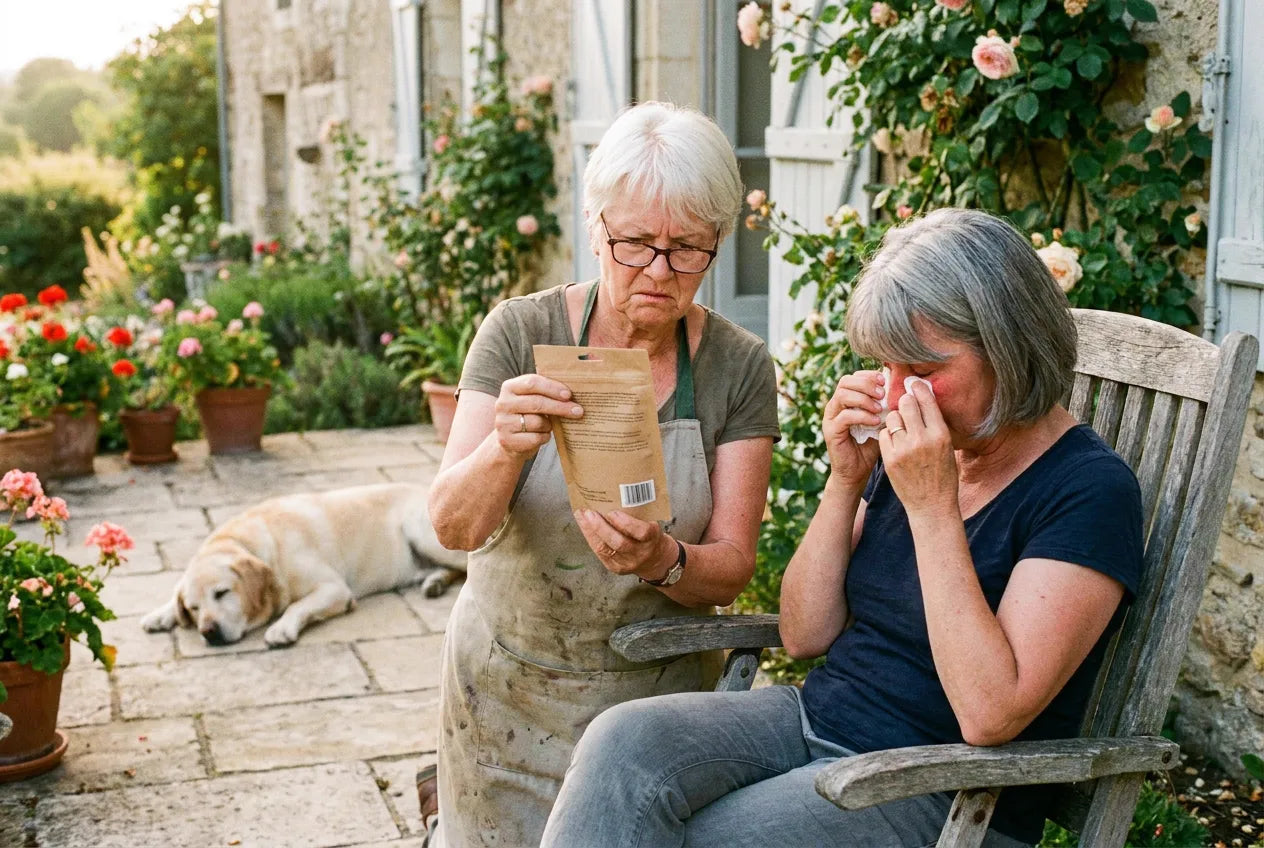 Mme Guillaume lit le dos du sachet de Nala pendant qu’Françoise pleure sur la terrasse