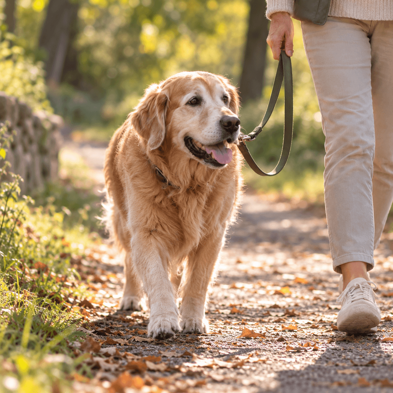 Propriétaire en promenade en forêt avec un golden retriever senior